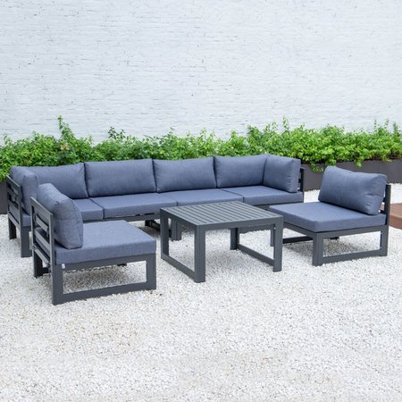 LEISUREMOD Chelsea 7-Piece Patio Sectional And Coffee Table Set Black Aluminum With Blue Cushions CSTBL-7BU